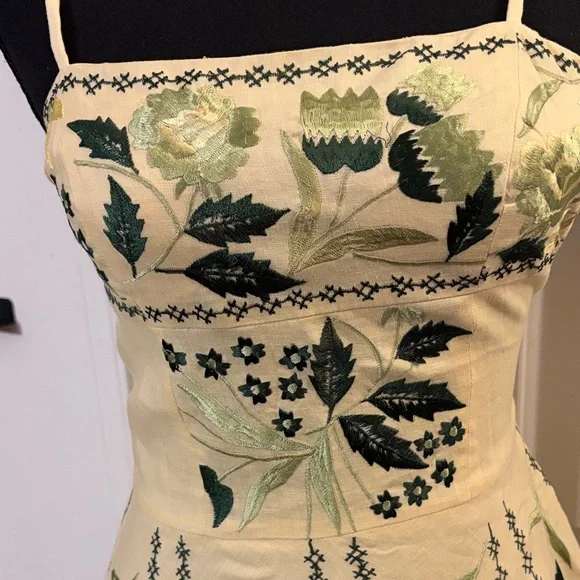 Sue Wong Vintage Yellow and Green Embroidered Midi Dress - Picture 3 of 10